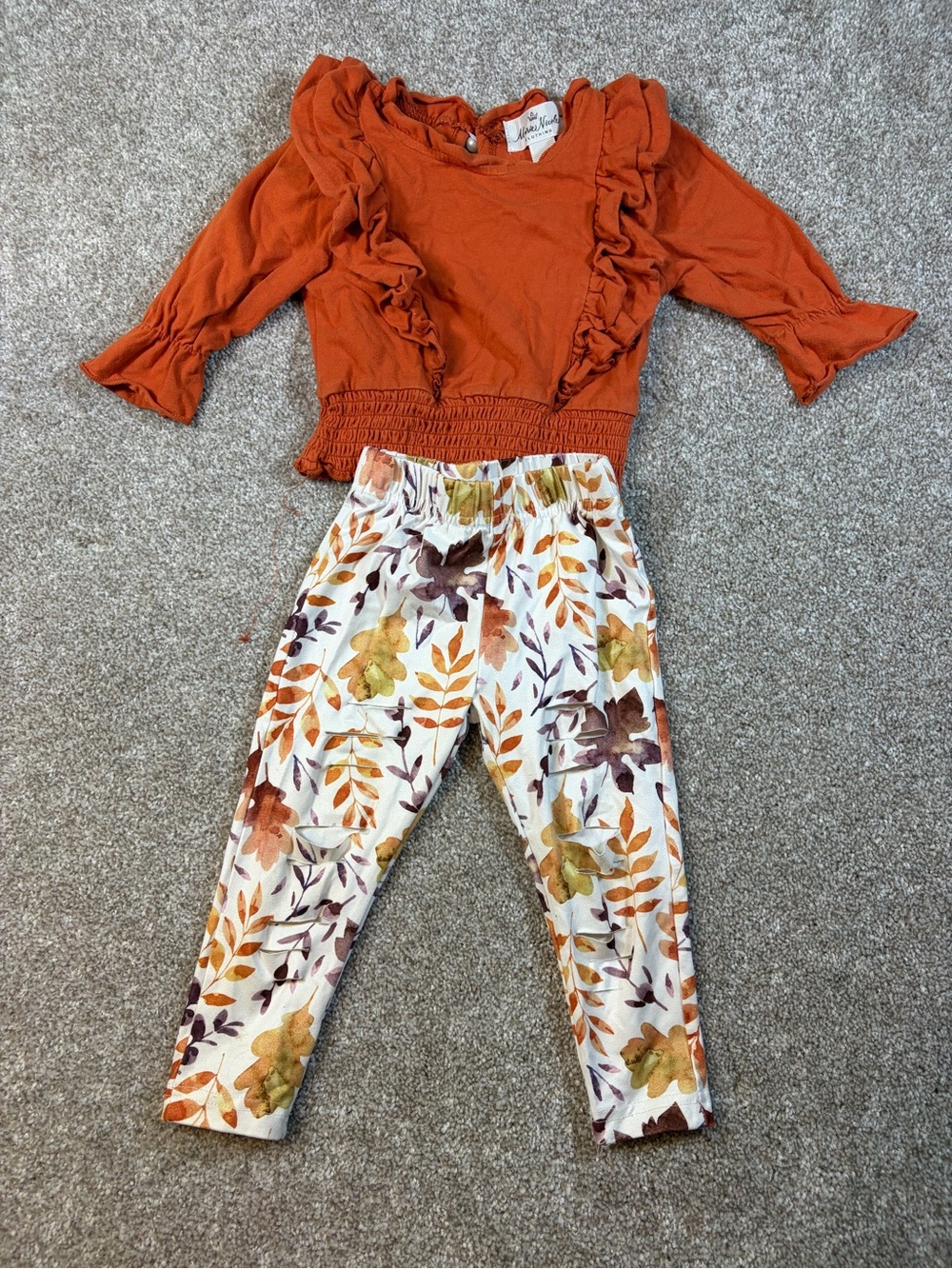 Biutique Girls Autumn Rust Ruffle Top & Distressed Floral Leggings Set